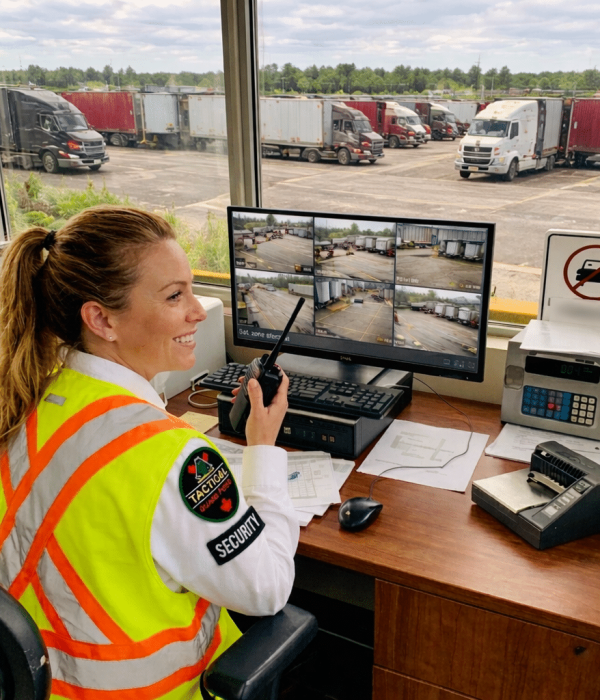 Security officer monitoring truck yard