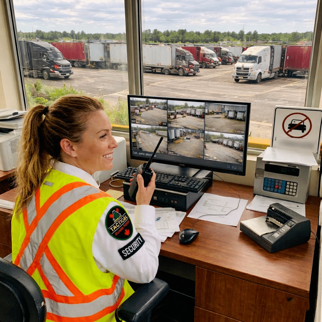 Security officer monitoring truck yard Security officer monitoring truck yard